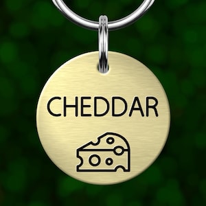 Cheese dog tag. Personalized custom metal pet ID tag with deep engraving.