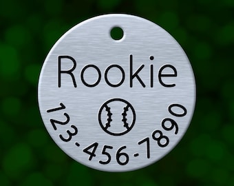 Custom baseball dog tag. Round pet ID name tag personalized with deep engraving. Handmade pet product. Unique pet gift.