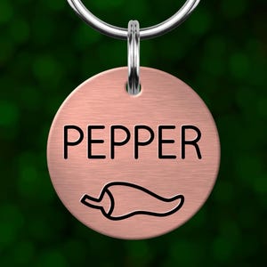 Custom chili pepper dog tag. Personalized pet ID with deep engraving. Made in Oregon.