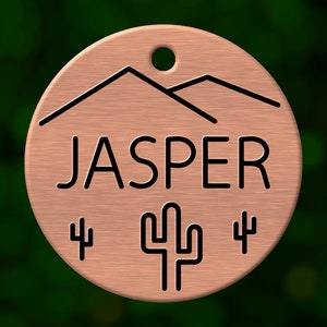 Mountain & cactus dog tag. Personalized pet name tag ID for collar. Double sided and deeply engraved in solid metal. Custom made in Oregon.