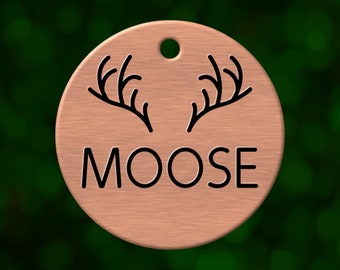 Custom antlers dog tag. Round pet ID name tag personalized with deep engraving. Handmade pet product. Unique pet gift.