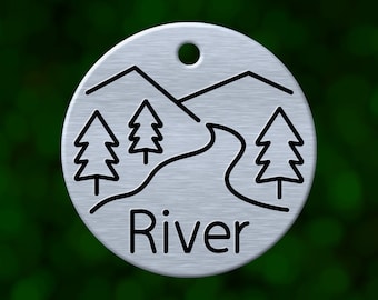 Custom river dog tag. Round pet ID name tag personalized with deep engraving. Handmade pet product. Unique pet gift.