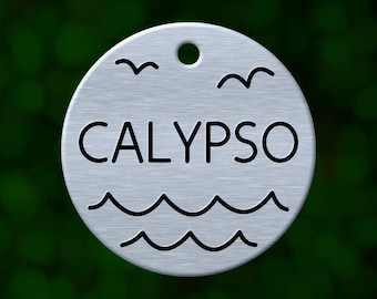 Custom ocean dog tag. Round pet ID name tag personalized with deep engraving. Handmade pet product. Unique pet gift.