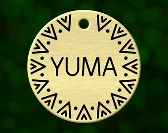 Custom Aztec dog tag. Round pet ID name tag personalized with deep engraving. Handmade pet product. Unique pet gift.