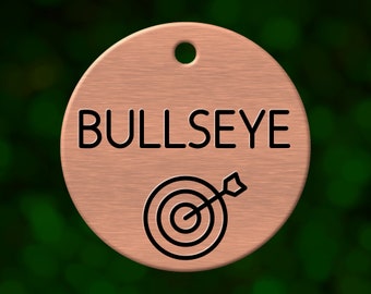 Custom bullseye dog tag. Round pet ID name tag personalized with deep engraving. Handmade pet product. Unique pet gift.