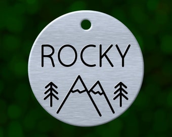 Custom mountain dog tag. Round pet ID name tag personalized with deep engraving. Handmade pet product. Unique pet gift.