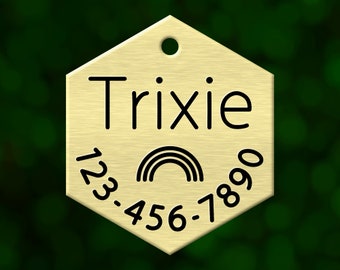 Custom rainbow dog tag. Hexagon pet ID name tag personalized with deep engraving. Handmade pet product. Unique pet gift.