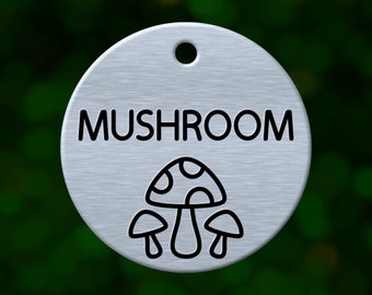 Custom mushroom dog tag. Round pet ID name tag personalized with deep engraving. Handmade pet product. Unique pet gift.