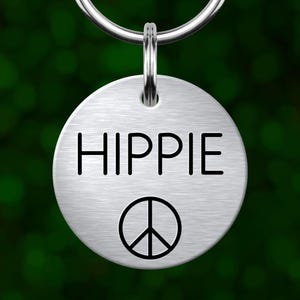 Custom peace sign dog tag. Personalized pet ID with deep engraving. Made in Oregon.