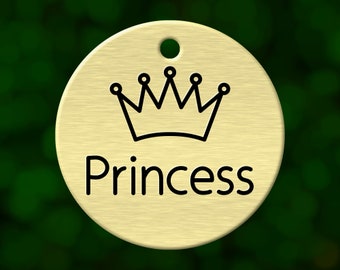 Custom crown dog tag. Round pet ID name tag personalized with deep engraving. Handmade pet product. Unique pet gift.
