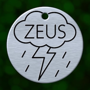 Thunderstorm dog tag. Personalized pet name tag ID for collar. Double sided and deeply engraved in solid metal. Custom made in Oregon.