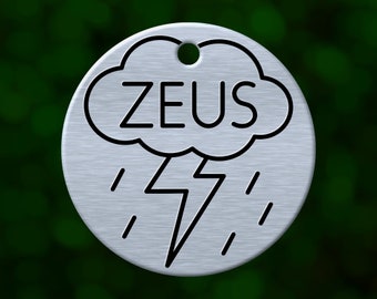 Custom lightning bolt dog tag. Round pet ID name tag personalized with deep engraving. Handmade pet product. Unique pet gift.