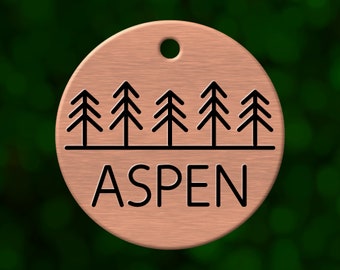 Custom forest dog tag. Round pet ID name tag personalized with deep engraving. Handmade pet product. Unique pet gift.