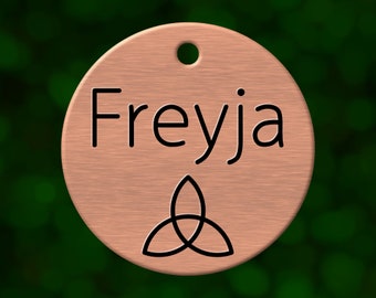 Custom Celtic triquetra dog tag. Round pet ID name tag personalized with deep engraving. Handmade pet product. Unique pet gift.