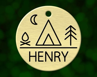 Custom camping dog tag. Round pet ID name tag personalized with deep engraving. Handmade pet product. Unique pet gift.