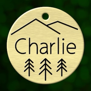 Deep engraved custom dog tag. Personalized round pet name tag for dog collar. Made in the USA. Brass