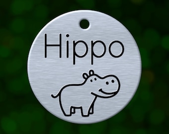 Custom hippo dog tag. Round pet ID name tag personalized with deep engraving. Handmade pet product. Unique pet gift.