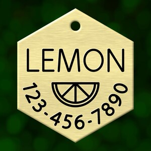 Custom lemon dog tag. Hexagon pet ID name tag personalized with deep engraving. Handmade pet product. Unique pet gift.