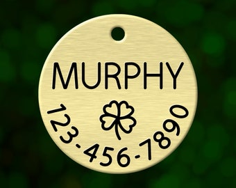 Custom shamrock dog tag. Round pet ID name tag personalized with deep engraving. Handmade pet product. Unique pet gift.