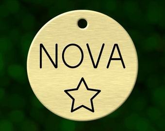 Custom star dog tag. Round pet ID name tag personalized with deep engraving. Handmade pet product. Unique pet gift.