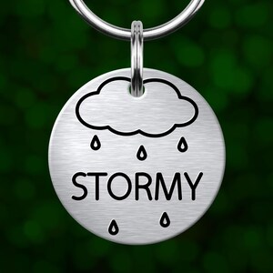 Custom rain cloud dog tag. Personalized pet ID with deep engraving. Made in Oregon.