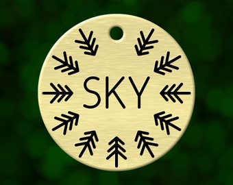 Custom forest dog tag. Round pet ID name tag personalized with deep engraving. Handmade pet product. Unique pet gift.