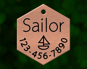 Custom sailboat dog tag. Hexagon pet ID name tag personalized with deep engraving. Handmade pet product. Unique pet gift.