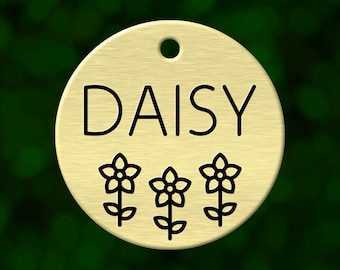 Custom daisy dog tag. Round pet ID name tag personalized with deep engraving. Handmade pet product. Unique pet gift.