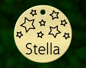 Custom star dog tag. Round pet ID name tag personalized with deep engraving. Handmade pet product. Unique pet gift.