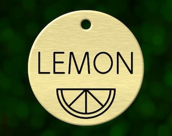 Custom lemon dog tag. Round pet ID name tag personalized with deep engraving. Handmade pet product. Unique pet gift.