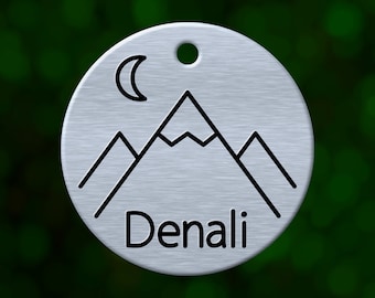 Custom mountain dog tag. Round pet ID name tag personalized with deep engraving. Handmade pet product. Unique pet gift.