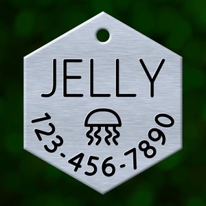 Custom jellyfish dog tag. Hexagon pet ID name tag personalized with deep engraving. Handmade pet product. Unique pet gift. image 1