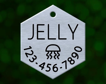 Custom jellyfish dog tag. Hexagon pet ID name tag personalized with deep engraving. Handmade pet product. Unique pet gift.