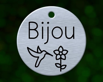 Custom hummingbird dog tag. Round pet ID name tag personalized with deep engraving. Handmade pet product. Unique pet gift.