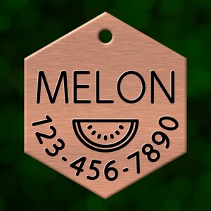 Custom watermelon dog tag. Hexagon pet ID name tag personalized with deep engraving. Handmade pet product. Unique pet gift.