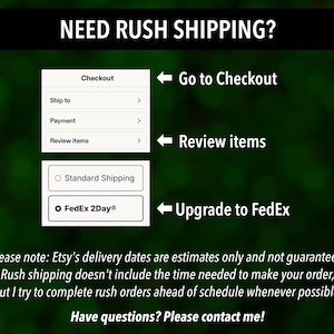 Op de afbeelding: Afbeelding met de tekst "NEED RUSH SHIPPING?" en afrekenopties. Bevat "Go to Checkout", "Review items" en "Upgrade to FedEx" opties. Extra tekst geeft details over de leveringsschattingen van Etsy en de verwerking van spoedbestellingen.