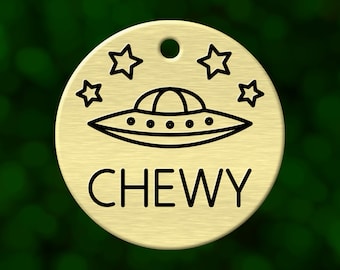 Custom alien UFO dog tag. Round pet ID name tag personalized with deep engraving. Handmade pet product. Unique pet gift.