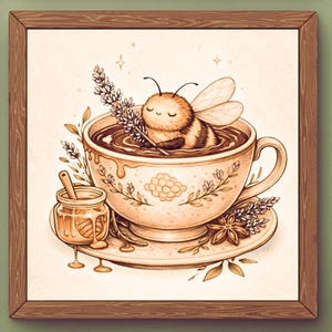 Puede incluir: Ilustración caprichosa de una abeja relajándose en una taza de té. La abeja sostiene lavanda, y un pequeño tarro de miel está cerca. La obra de arte está enmarcada en un marco de madera, creando una sensación acogedora.
