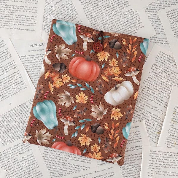 Book Sleeve, Padded Book Cover, Patterned Both Sides, Bookish Gift, Paperback Cover UK, Autumn Fall Leaves Pumpkins Fabric