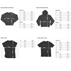 May include: Image showing size charts for various apparel items. The charts include measurements for unisex crewneck sweatshirts, unisex hoodie sweatshirts, ladies t-shirts, and classic unisex t-shirts. Measurements are in inches for adult and kid sizes.