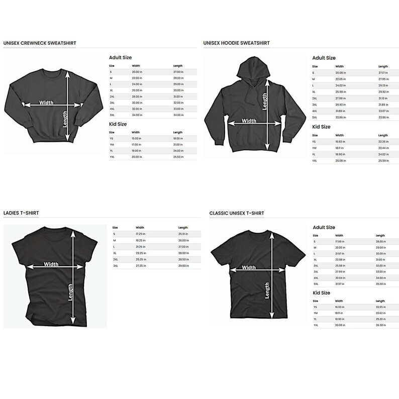 May include: Image showing size charts for various apparel items. The charts include measurements for unisex crewneck sweatshirts, unisex hoodie sweatshirts, ladies t-shirts, and classic unisex t-shirts. Measurements are in inches for adult and kid sizes.