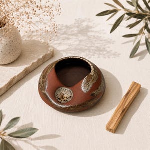 Könnte beinhalten: Eine handgefertigte, runde Keramikschale mit dunkelbraunem Innenraum und rotbraunem Außenbereich mit weißen und beigen Akzenten. Ein Holz-Räucherstäbchen liegt neben der Schale. Die Schale dient wahrscheinlich zum Verbrennen von Räucherwerk oder als Dekorationsartikel.