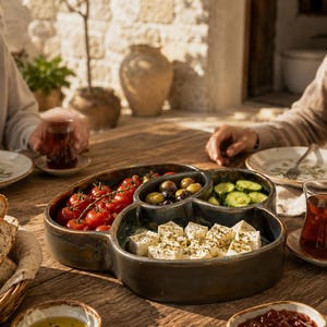 Könnte beinhalten: Eine dunkelbraune, mehrteilige Servierschale aus Keramik, gefüllt mit roten Kirschtomaten am Zweig, grünen und schwarzen Oliven, geschnittenen Gurken und mit getrockneten Kräutern bestreuten weißen Fetakäsewürfeln auf einem Holztisch.
