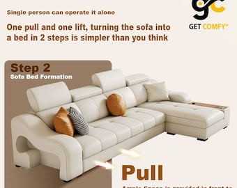 Cream Leather Convertible Sofa Bed with Storage, Cat Scratch Resistant Sleeper Couch