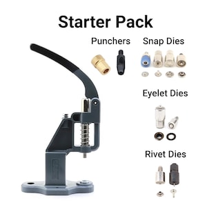 May include: A gray and black Starter Pack tool set with various dies for punching, snap, eyelet, and rivet applications. The set includes a press, punchers, snap dies, eyelet dies, and rivet dies. The text "Starter Pack" is at the top.