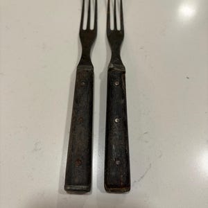 Antique Primitive 1800s Civil War Era-Set of 2-Metal w/ Wood 3 Tine Forks