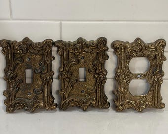 Vintage Brass/Gold Tone Ornate Switch Plate Covers-1 Outlet-2 Light Switch-READ