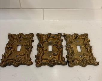 Vintage Brass/Gold Tone Ornate Light Switch Plate Covers-Set of 3