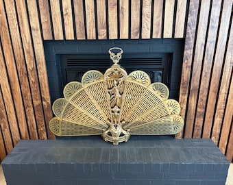 Vintage Solid Brass Peacock Fan Folding Fireplace Screen – Ornate Victorian Style – 48” Wide