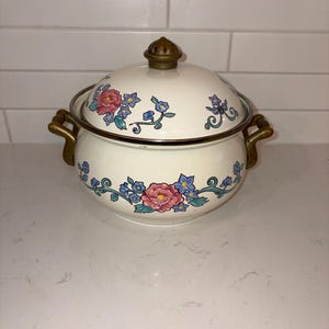 Vintage Normandy Enamel Red & Blue Floral Brass Handled Pot/Dutch oven with Lid